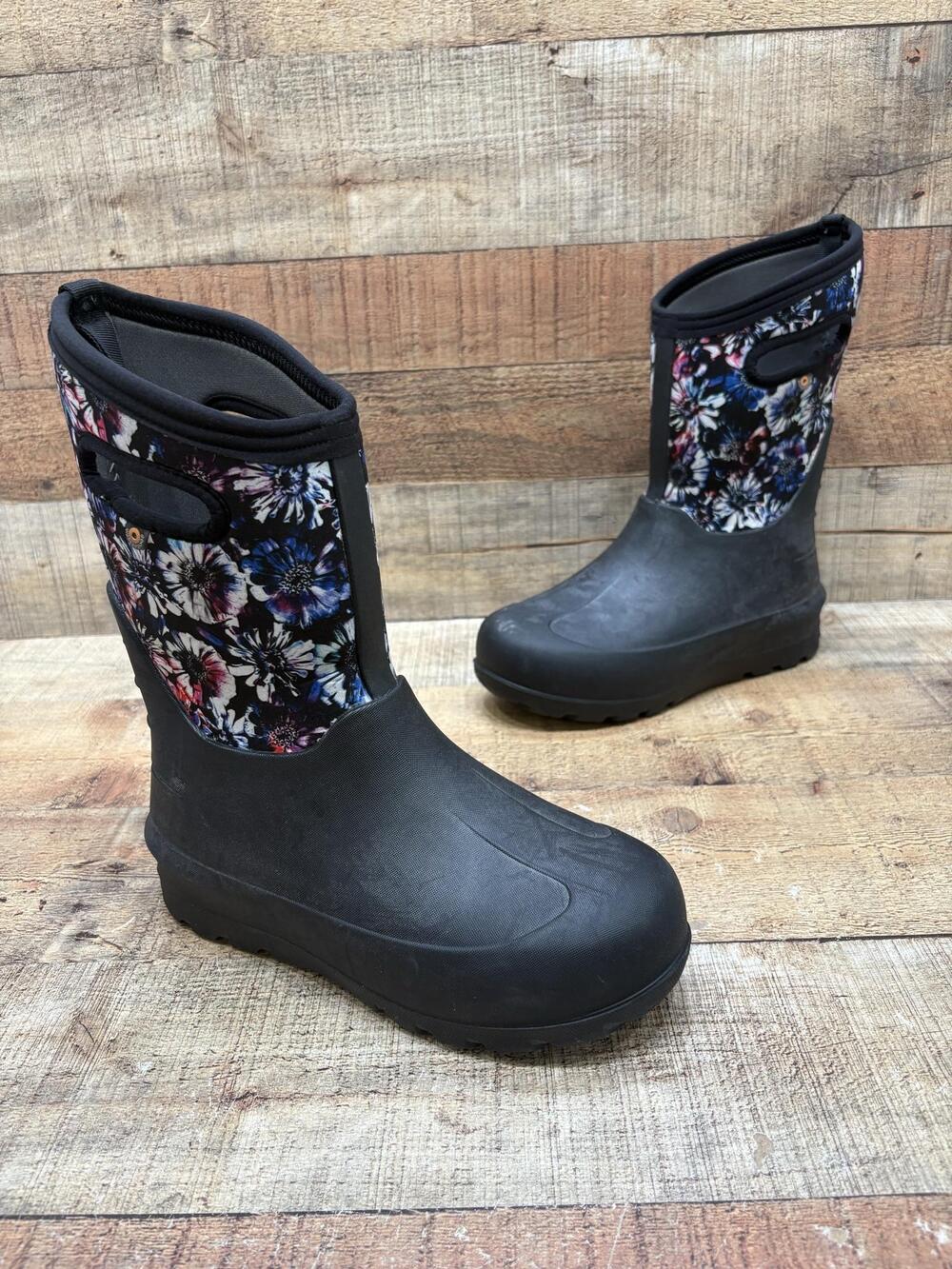 Bogs Snow Boots Kids Size 6 39 Black Floral Rubber Waterproof Pull On Winter